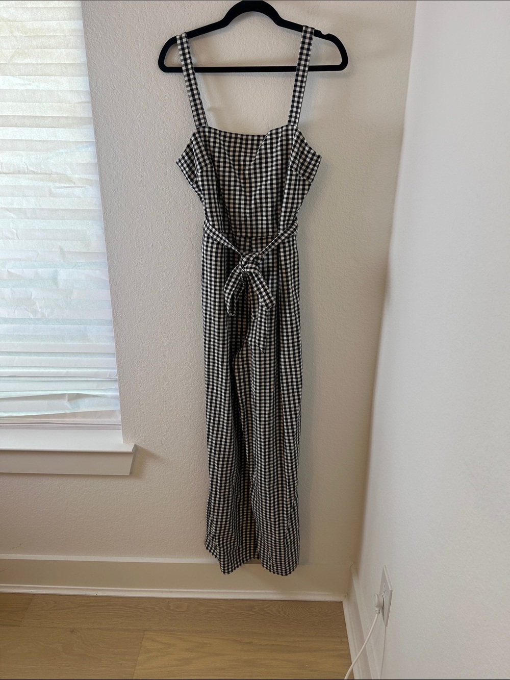 NWT Blue Rain Black & White Gingham Tie-Waist Jumpsuit with Wide Straps